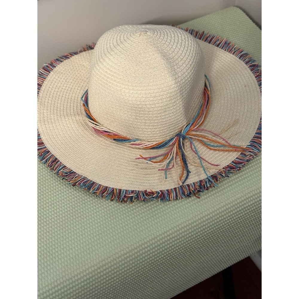 Jacobson Hats Ivory Wide Brim Straw Sun Hat Colorful Fringe Trim Cruise Vacation